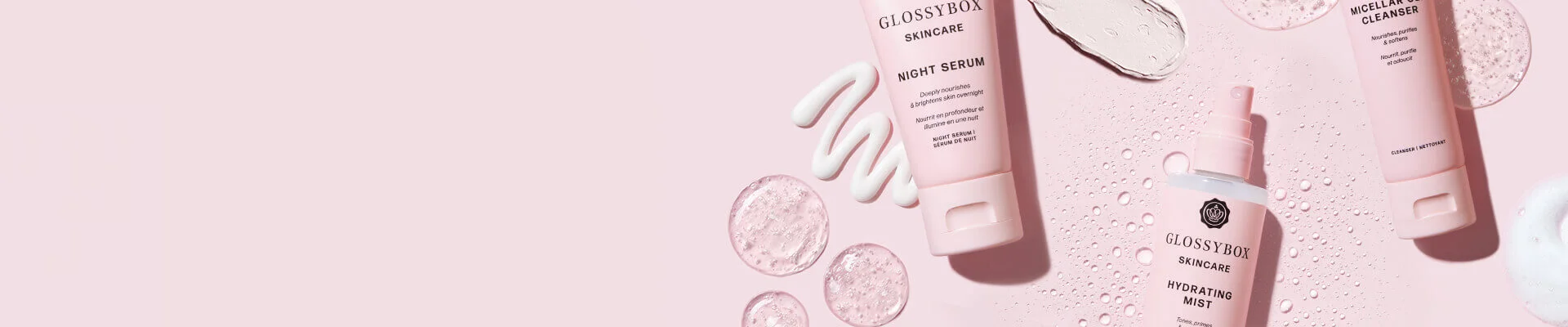 glossybox skincare swatches and products scattered across banner