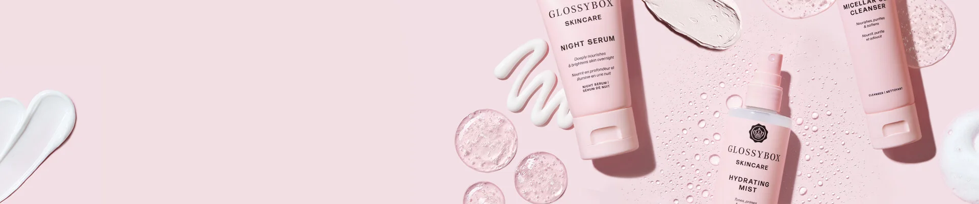 glossybox skincare swatches and products scattered across banner